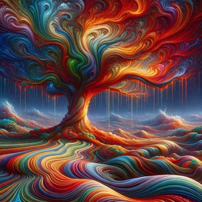 The primary subject of the image is a tree with a colorful, rainbow-like appearance. The tree is surrounded by a vibrant, swirling landscape that adds to the overall atmosphere of the scene. The setting appears to be a surreal, artistic environment, possibly a digital art or illustration. The colors and mood of the image are lively, energetic, and full of creativity.